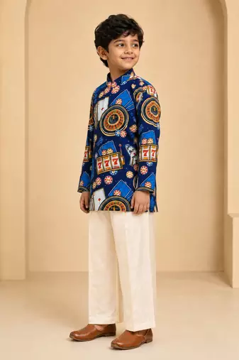 Boy's blue muslin quirky thigh length kurta and pyjama set