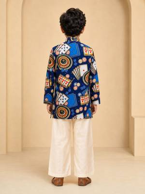 Boy's blue muslin quirky thigh length kurta and pyjama set 5
