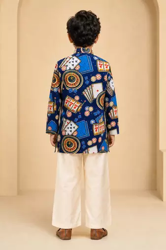 Boy's blue muslin quirky thigh length kurta and pyjama set