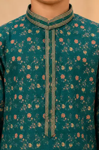 Boy's green cotton blend floral print knee length kurta and pyjama set