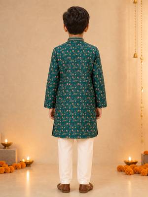 Boy's green cotton blend floral print knee length kurta and pyjama set 5