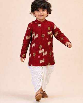 Boy's maroon cotton printed thigh length kurta and dhoti set 1