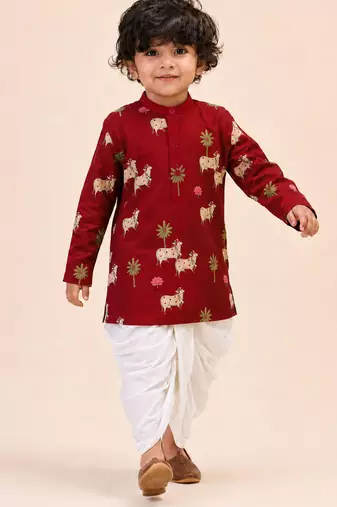 Boy's maroon cotton printed thigh length kurta and dhoti set