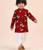 Boy's maroon cotton printed thigh length kurta and dhoti set