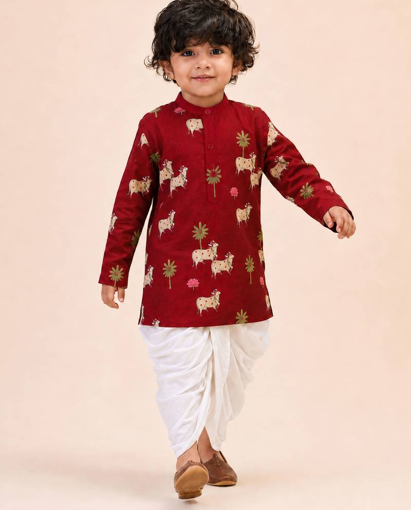 Boy's maroon cotton printed thigh length kurta and dhoti set