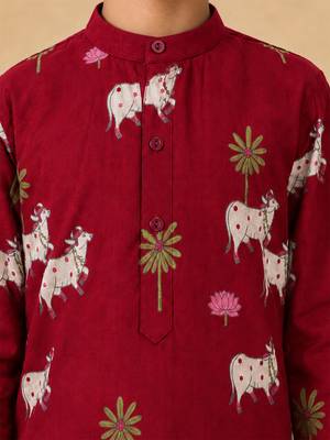 Boy's maroon cotton printed thigh length kurta and dhoti set 2