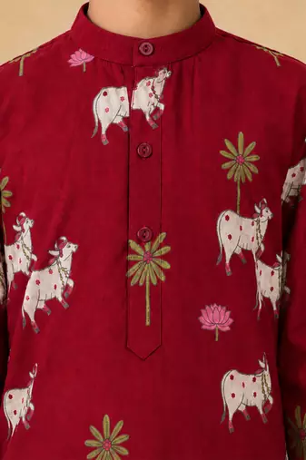 Boy's maroon cotton printed thigh length kurta and dhoti set