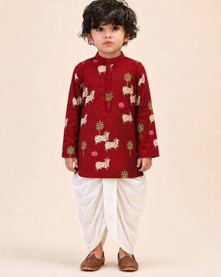 Boy's maroon cotton printed thigh length kurta and dhoti set 3