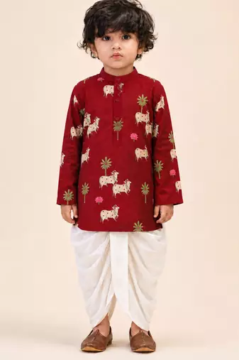 Boy's maroon cotton printed thigh length kurta and dhoti set