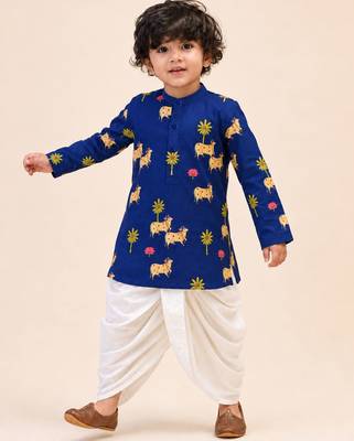 Boy's navy blue cotton block print thigh length kurta and dhoti set 1