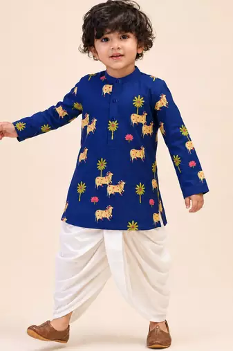 Boy's navy blue cotton block print thigh length kurta and dhoti set