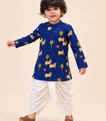 Boy's navy blue cotton block print thigh length kurta and dhoti set