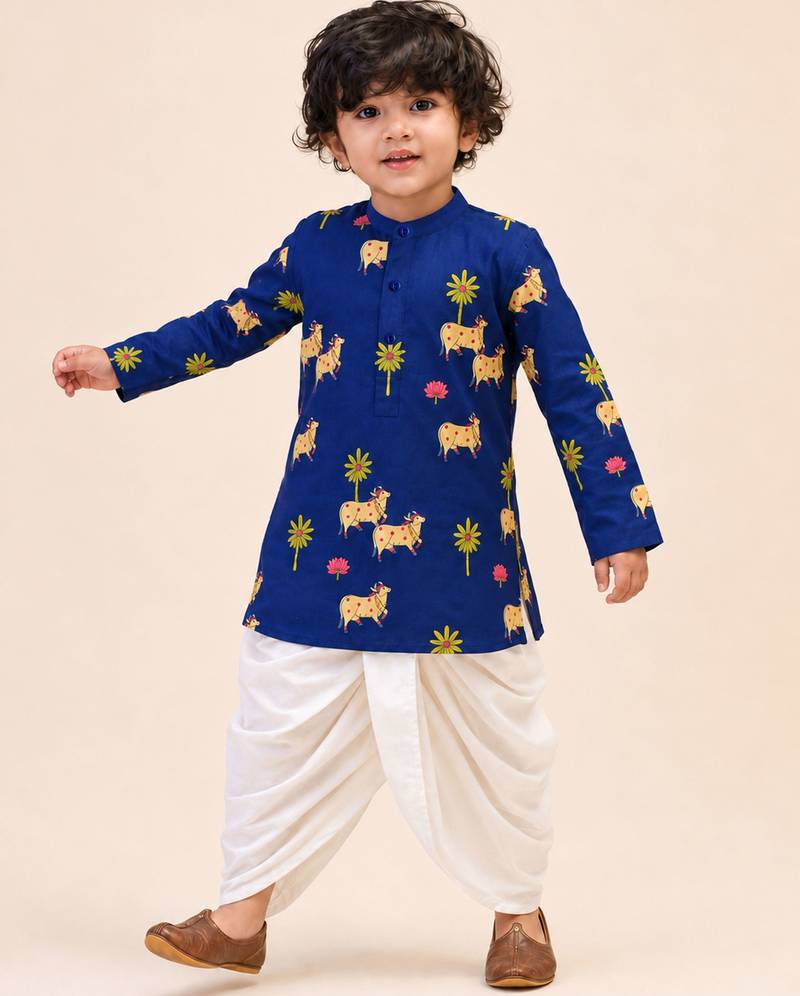Boy's navy blue cotton block print thigh length kurta and dhoti set