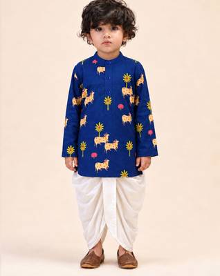 Boy's navy blue cotton block print thigh length kurta and dhoti set 3