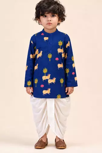 Boy's navy blue cotton block print thigh length kurta and dhoti set