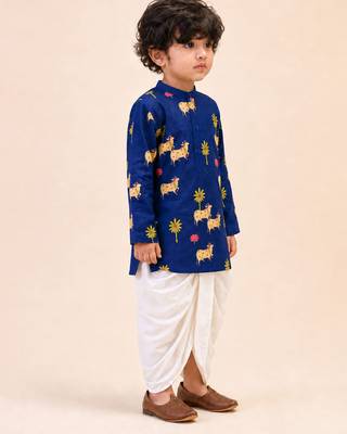 Boy's navy blue cotton block print thigh length kurta and dhoti set 4