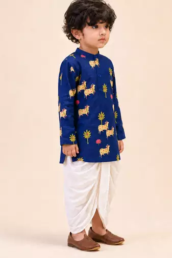 Boy's navy blue cotton block print thigh length kurta and dhoti set