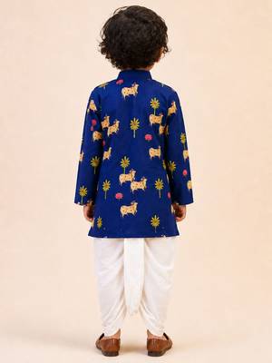 Boy's navy blue cotton block print thigh length kurta and dhoti set 5