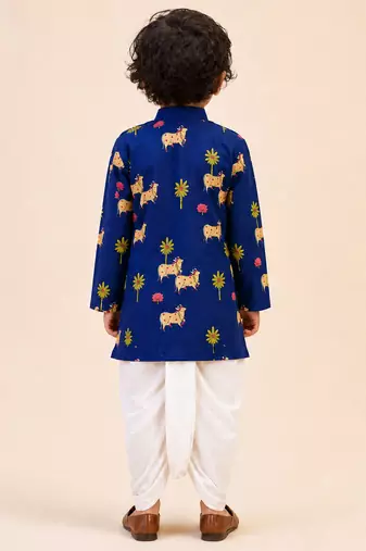 Boy's navy blue cotton block print thigh length kurta and dhoti set