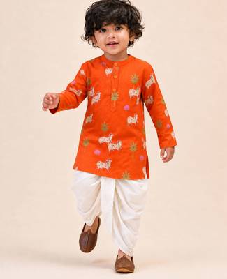 Boy's orange cotton printed thigh length kurta and dhoti set 1