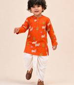 Boy's orange cotton printed thigh length kurta and dhoti set