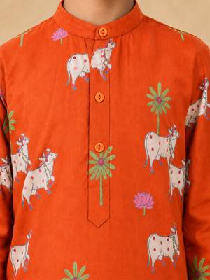 Boy's orange cotton printed thigh length kurta and dhoti set 2