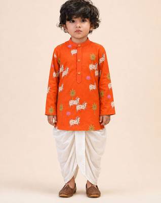 Boy's orange cotton printed thigh length kurta and dhoti set 3