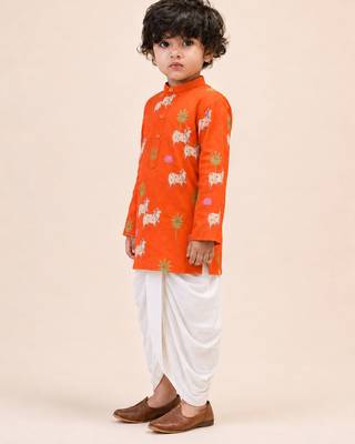 Boy's orange cotton printed thigh length kurta and dhoti set 4