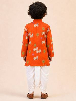 Boy's orange cotton printed thigh length kurta and dhoti set 5