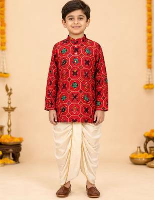 Boy's red rayon ikkat thigh length kurta and dhoti set 1