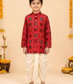 Boy's red rayon ikkat thigh length kurta and dhoti set