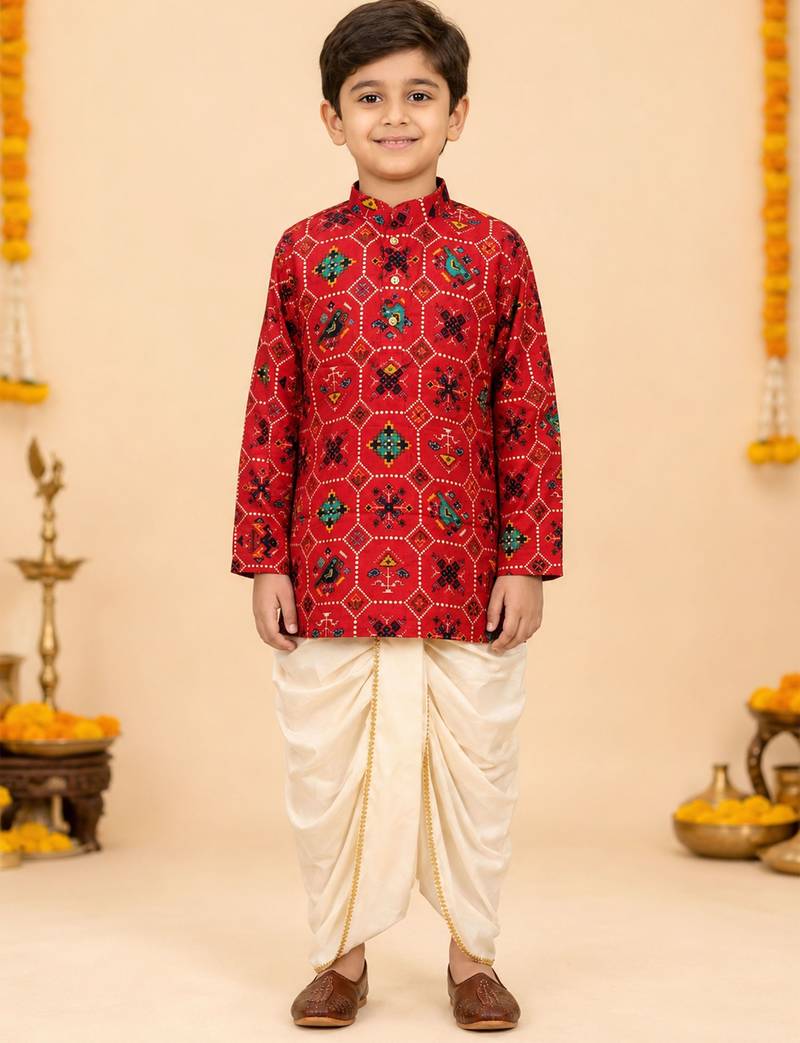 Boy's red rayon ikkat thigh length kurta and dhoti set