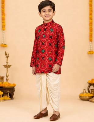 Boy's red rayon ikkat thigh length kurta and dhoti set 2