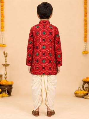 Boy's red rayon ikkat thigh length kurta and dhoti set 3