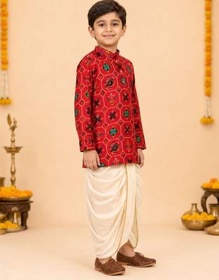 Boy's red rayon ikkat thigh length kurta and dhoti set 5