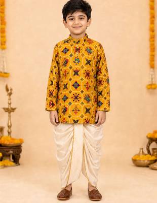 Boy's mustard rayon ikkat thigh length kurta and dhoti set 1