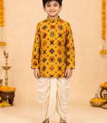 Boy's mustard rayon ikkat thigh length kurta and dhoti set