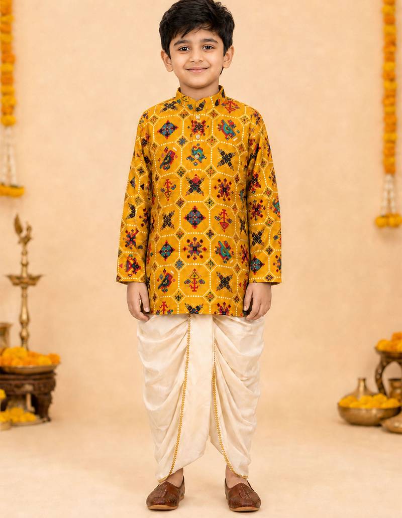 Boy's mustard rayon ikkat thigh length kurta and dhoti set