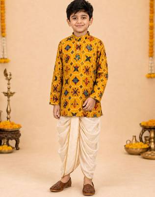 Boy's mustard rayon ikkat thigh length kurta and dhoti set 2