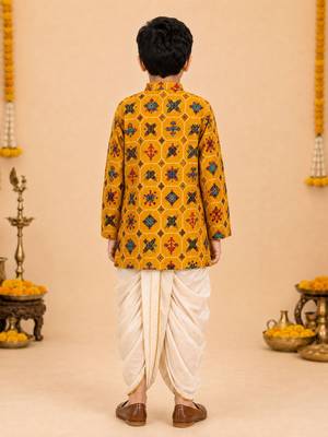 Boy's mustard rayon ikkat thigh length kurta and dhoti set 3