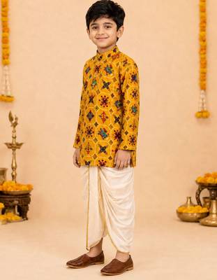 Boy's mustard rayon ikkat thigh length kurta and dhoti set 5
