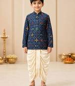 Boy's navy blue rayon ikkat thigh length kurta and dhoti set