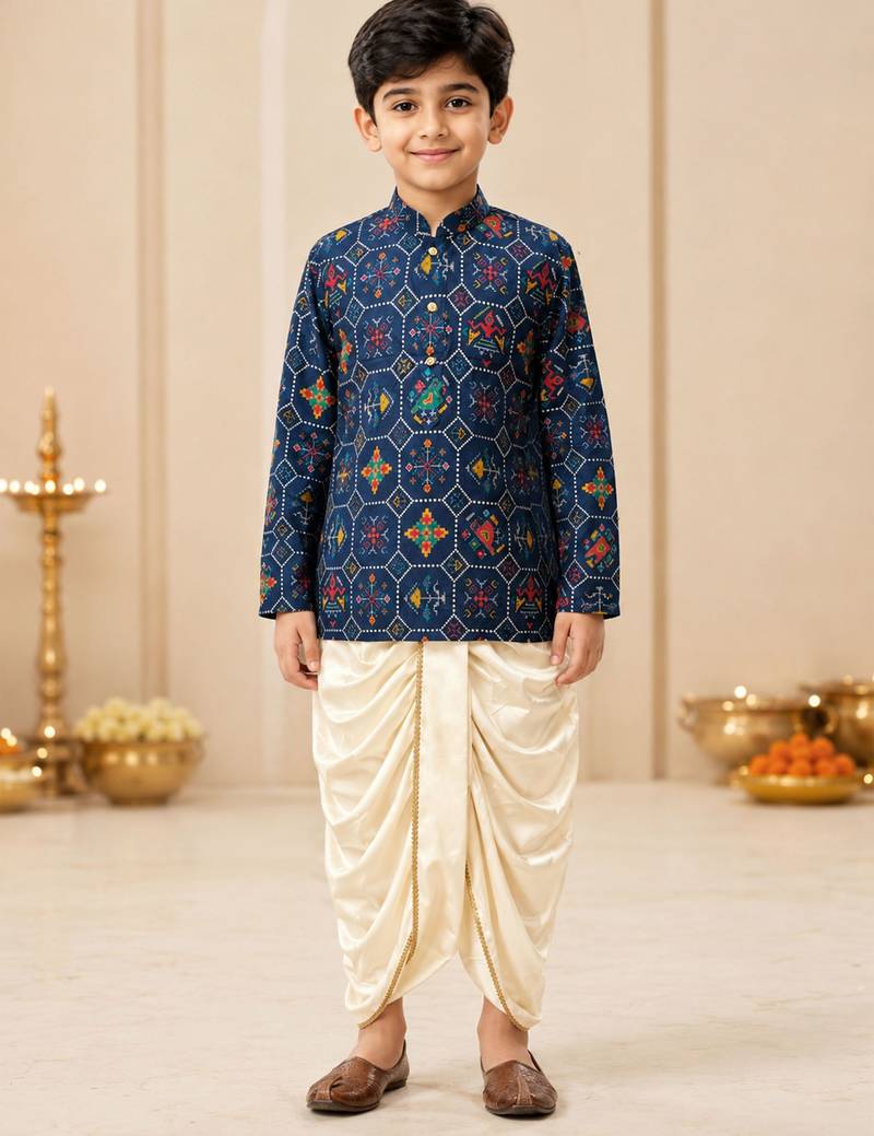 Boy's navy blue rayon ikkat thigh length kurta and dhoti set