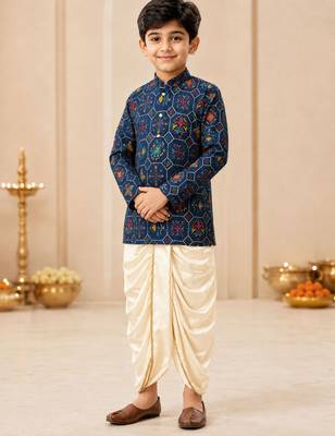 Boy's navy blue rayon ikkat thigh length kurta and dhoti set 2