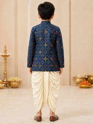 Boy's navy blue rayon ikkat thigh length kurta and dhoti set 3