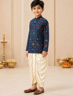 Boy's navy blue rayon ikkat thigh length kurta and dhoti set 5