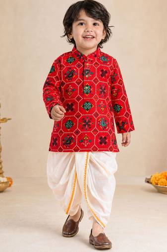 Boy's red rayon ikkat thigh length kurta and dhoti set