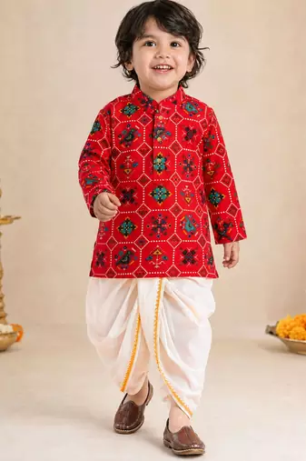 Boy's red rayon ikkat thigh length kurta and dhoti set