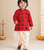 Boy's red rayon ikkat thigh length kurta and dhoti set
