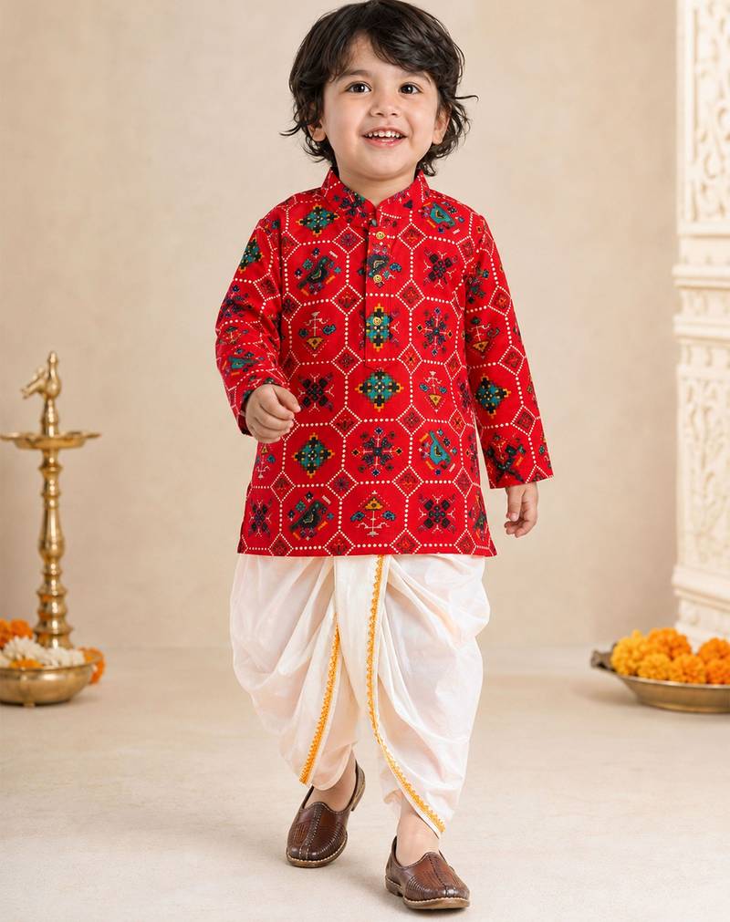 Boy's red rayon ikkat thigh length kurta and dhoti set